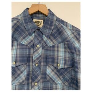 Ariat Shirt Mens Medium Blue Plaid Pearl Snap Retro‎ Western Cowboy Cotton NEW